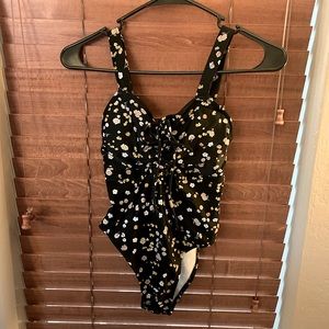 Xhilaration Lace Up Front One Piece Black Swimsuit With Daisies Size S